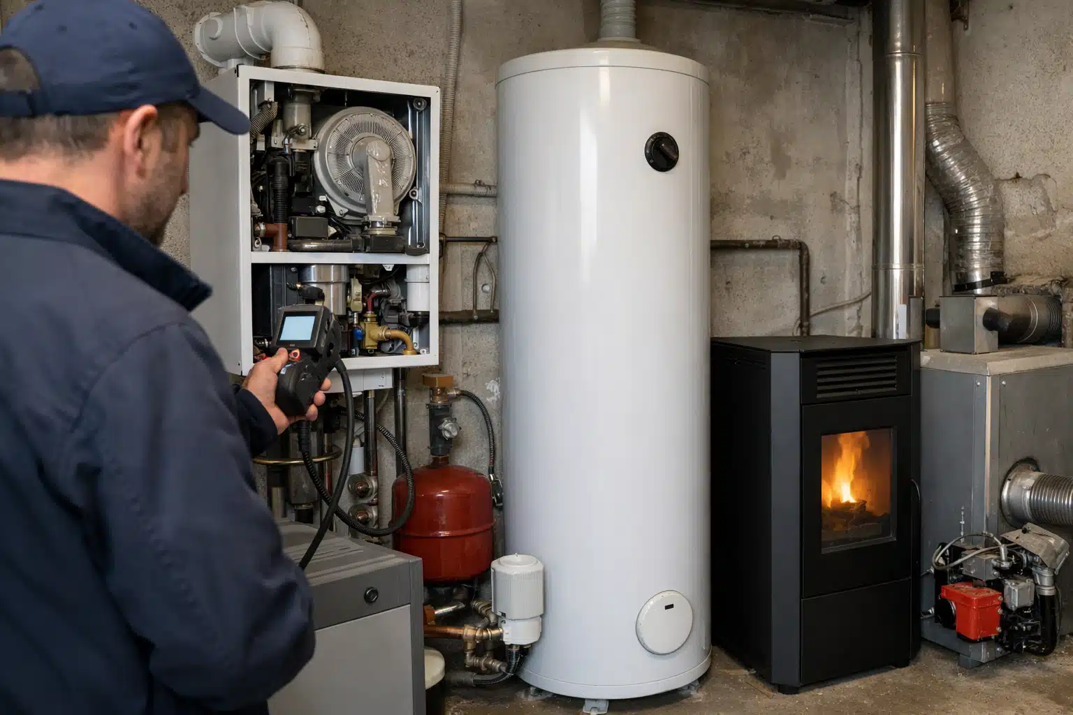 Technicien vérifiant un ballon d'eau chaude
