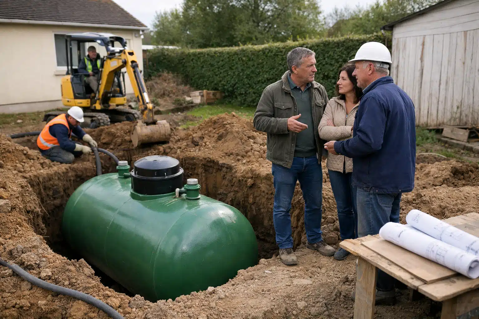 Cuve d'assainissement verte enterrée, ouvriers discutent