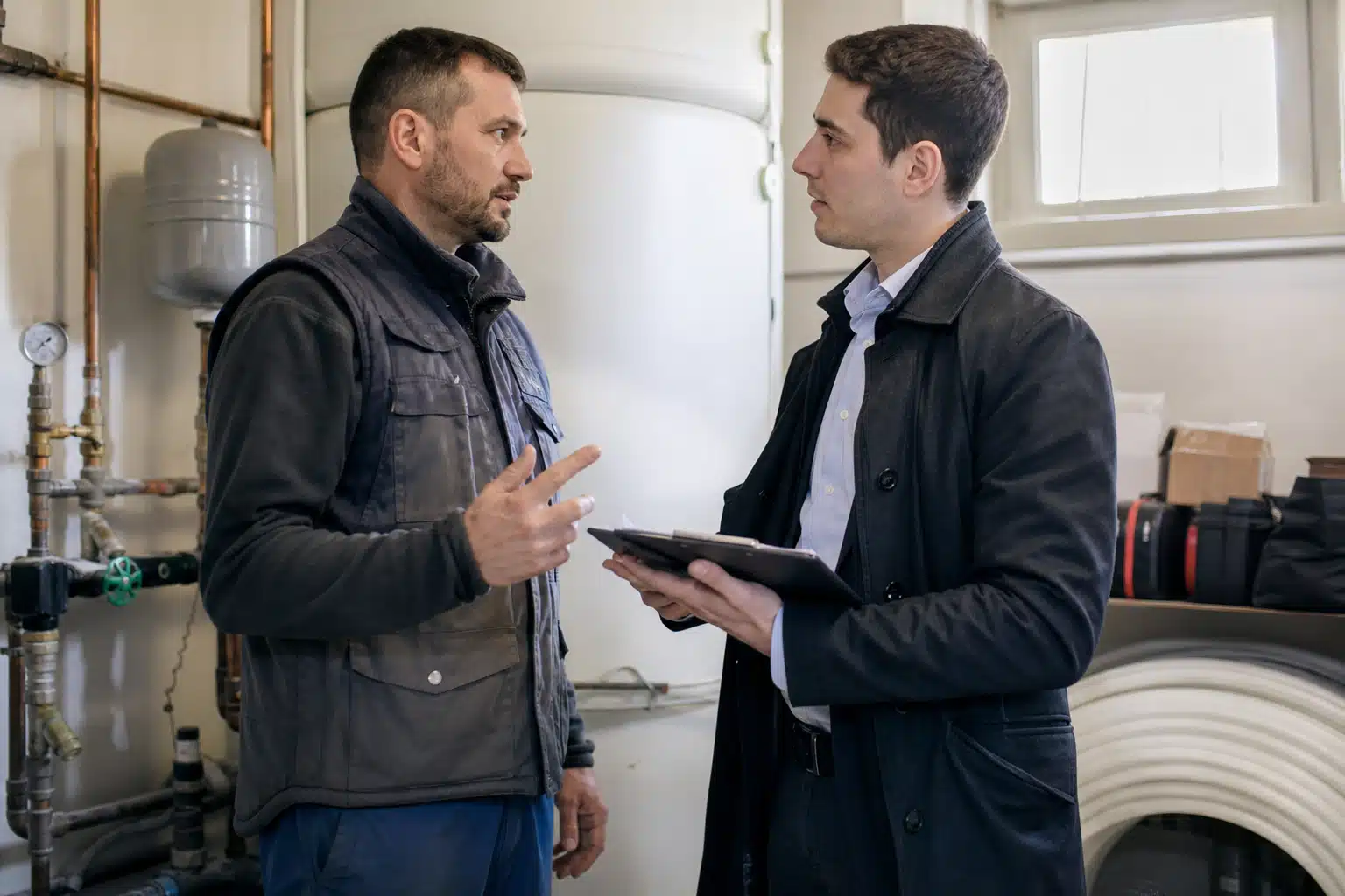 Technicien montrant une tablette à un client près d'une chaudière