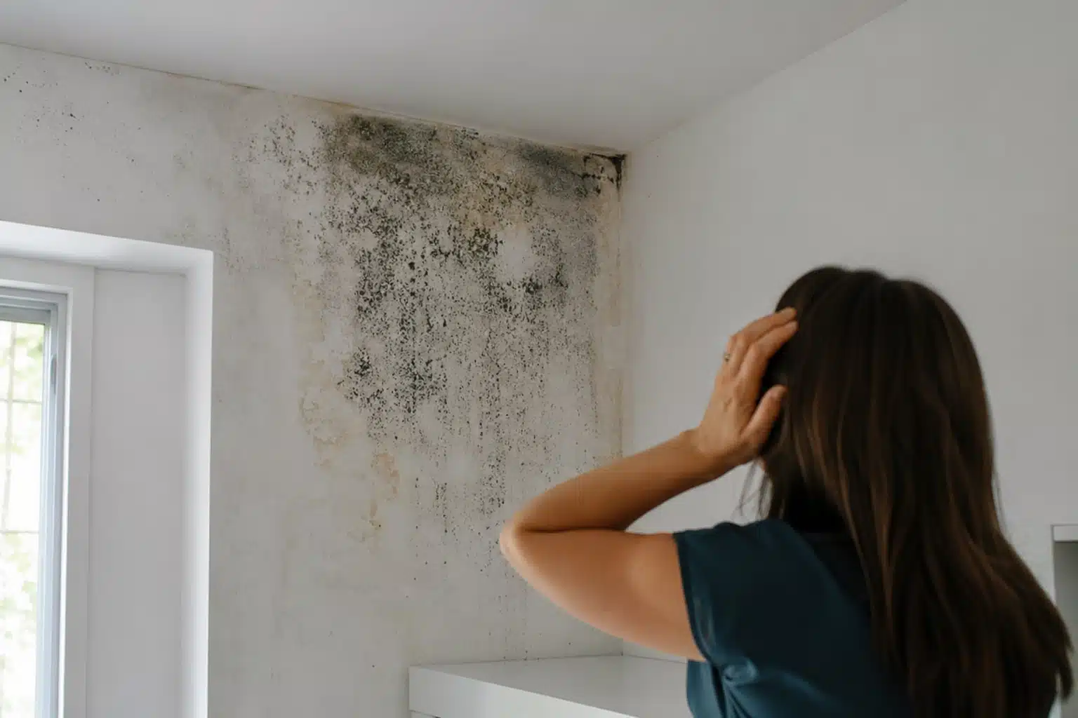 Femme mains sur tête devant moisissures au plafond